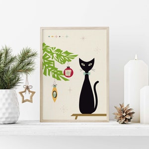 Mid Century Modern, Christmas Print, Mid Century Cat, Christmas, Prints ...