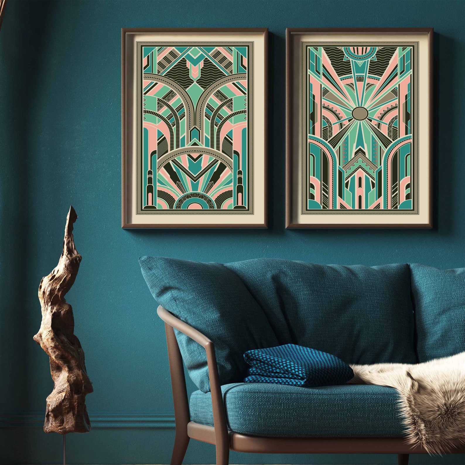 Art Deco Prints Set of Prints Pink Green Art Deco Art Deco Etsy UK