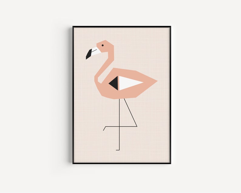 May include: A geometric pink flamingo illustration with black and white accents on a light pink background.