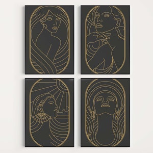 Puede incluir: Conjunto de cuatro impresiones enmarcadas en negro y dorado con arte de l&iacute;nea abstracto de rostros de mujeres. Cada impresi&oacute;n tiene un dise&ntilde;o diferente y presenta un rostro de mujer con formas geom&eacute;tricas y l&iacute;neas.