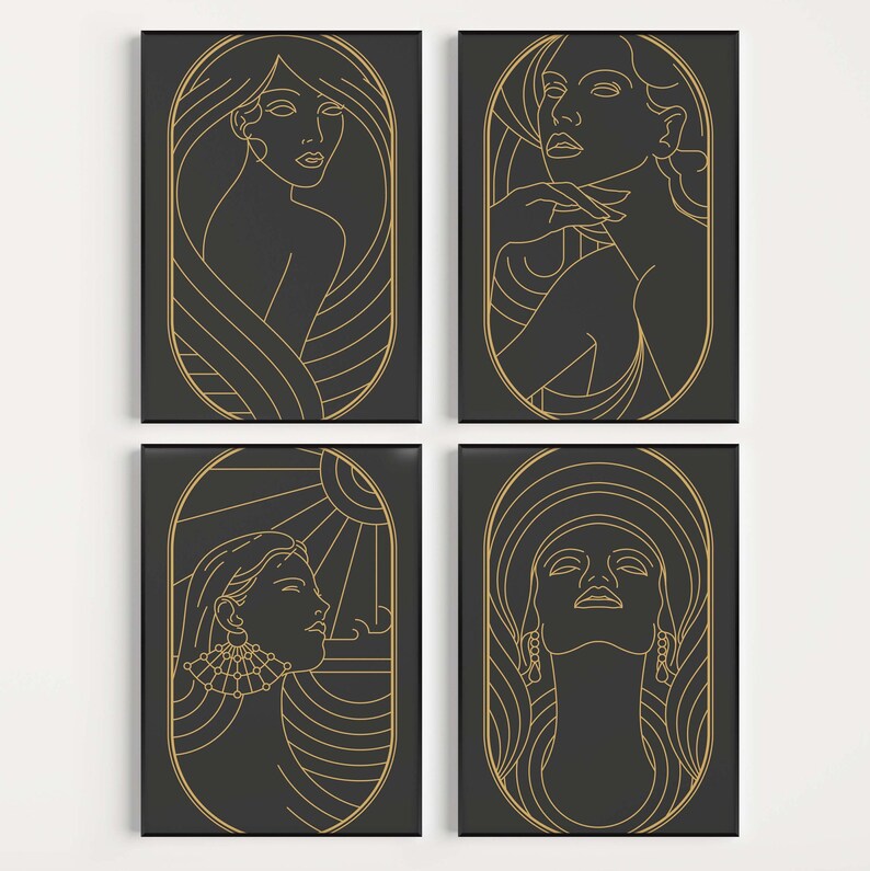 Puede incluir: Conjunto de cuatro impresiones enmarcadas en negro y dorado con arte de l&iacute;nea abstracto de rostros de mujeres. Cada impresi&oacute;n tiene un dise&ntilde;o diferente y presenta un rostro de mujer con formas geom&eacute;tricas y l&iacute;neas.