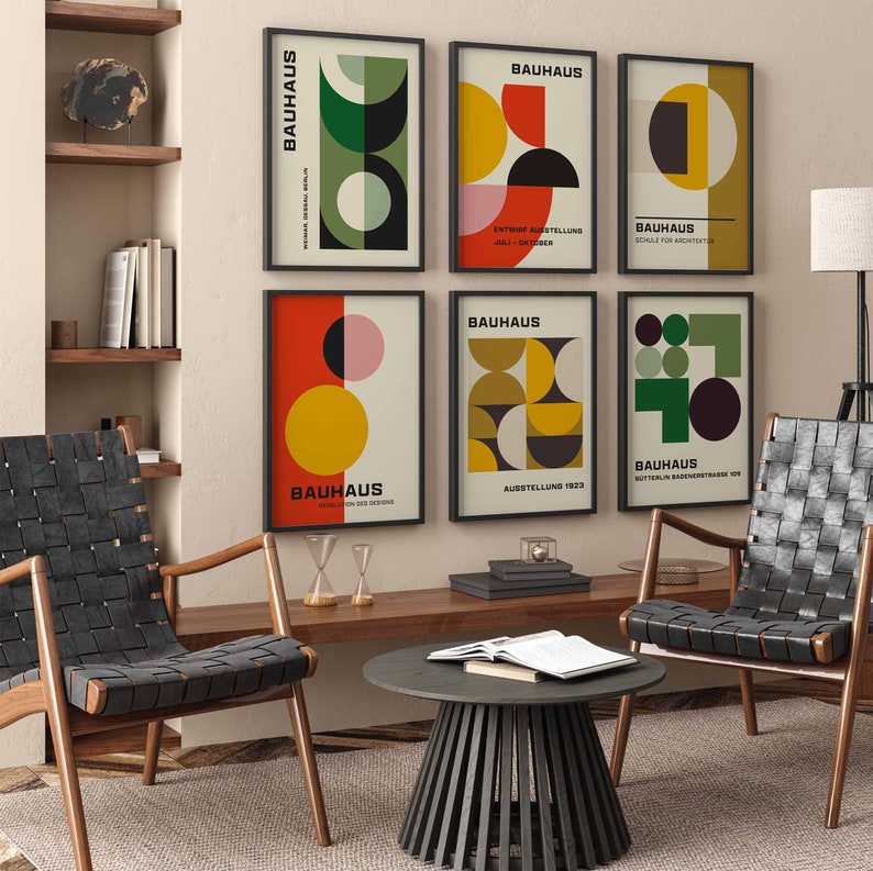 May include: A set of six Bauhaus-style posters with geometric shapes in red, yellow, green, and black. The posters feature the text "BAUHAUS" and various dates and locations.