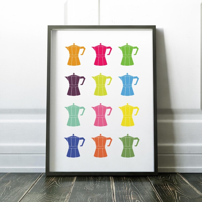May include: A framed print featuring nine colorful illustrations of Italian coffee pots. The pots are arranged in a 3x3 grid and are each a different color, including red, orange, yellow, green, blue, purple, pink, and turquoise.