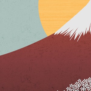 Puede incluir: Una ilustraci&oacute;n digital del Monte Fuji con una base roja, un pico blanco cubierto de nieve y un sol amarillo que sale detr&aacute;s de &eacute;l. Un &aacute;rbol de cerezo en flor blanco est&aacute; en primer plano.