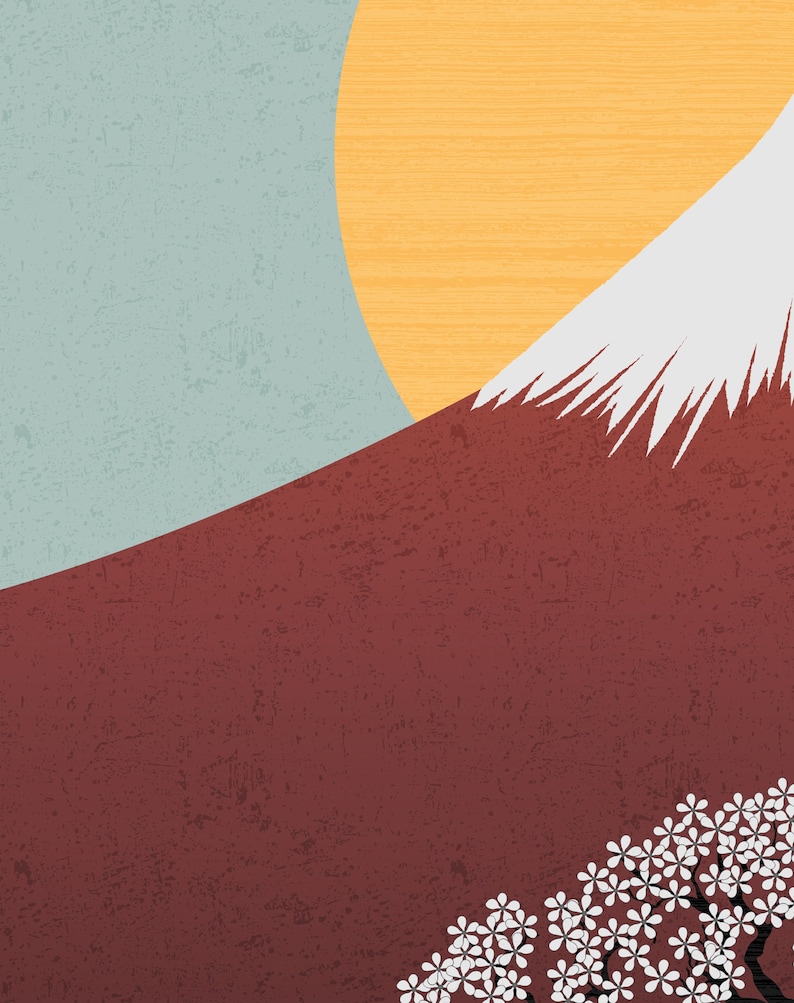 Puede incluir: Una ilustraci&oacute;n digital del Monte Fuji con una base roja, un pico blanco cubierto de nieve y un sol amarillo que sale detr&aacute;s de &eacute;l. Un &aacute;rbol de cerezo en flor blanco est&aacute; en primer plano.