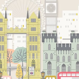 Op de afbeelding: Een kleurrijke illustratie van Londense bezienswaardigheden, waaronder Big Ben, het London Eye en Tower Bridge. De illustratie heeft een geel, grijs en groen kleurenschema en bevat de tekst "Welkom in Londen".