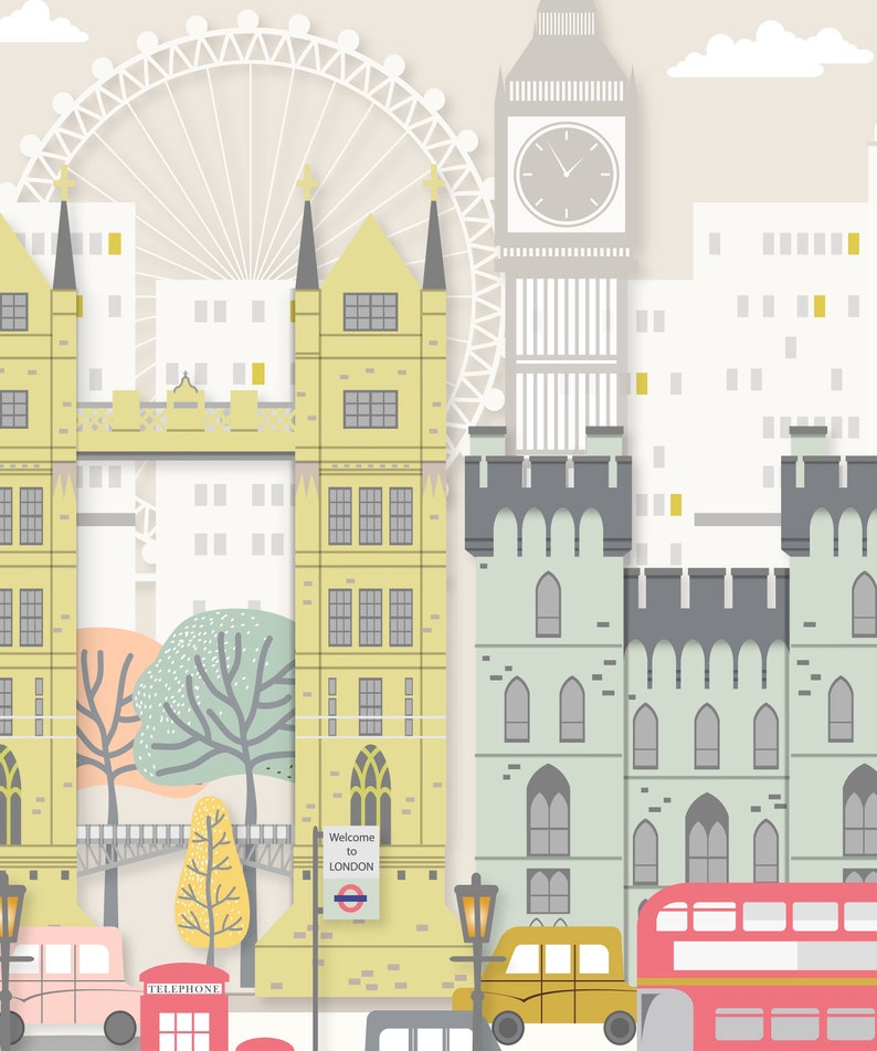 Op de afbeelding: Een kleurrijke illustratie van Londense bezienswaardigheden, waaronder Big Ben, het London Eye en Tower Bridge. De illustratie heeft een geel, grijs en groen kleurenschema en bevat de tekst "Welkom in Londen".