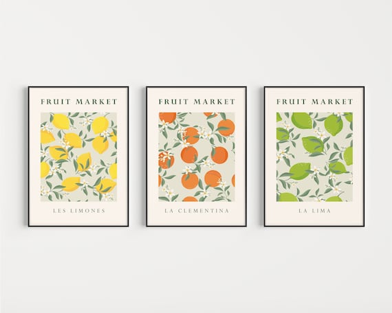 Fruit Print, Set of 3 Prints, Kitchen Print Set, Wall Art, Fruit Market Print, Food Prints, Kitchen Wall Art, Fruit Art Print