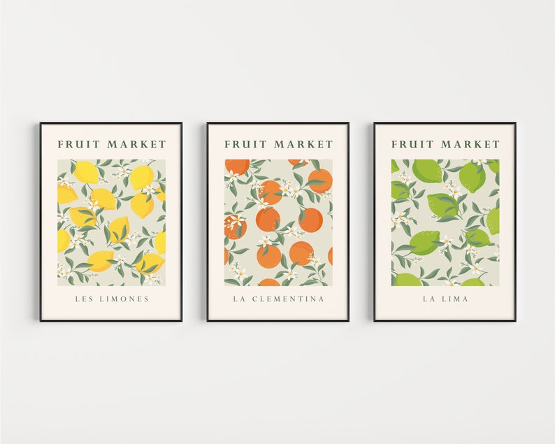 Fruit Print, Set of 3 Prints, Kitchen Print Set, Wall Art, Fruit Market Print, Food Prints, Kitchen Wall Art, Fruit Art Print image 1