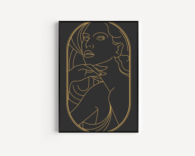 May include: A line art illustration of a woman's face in a gold outline on a black background.