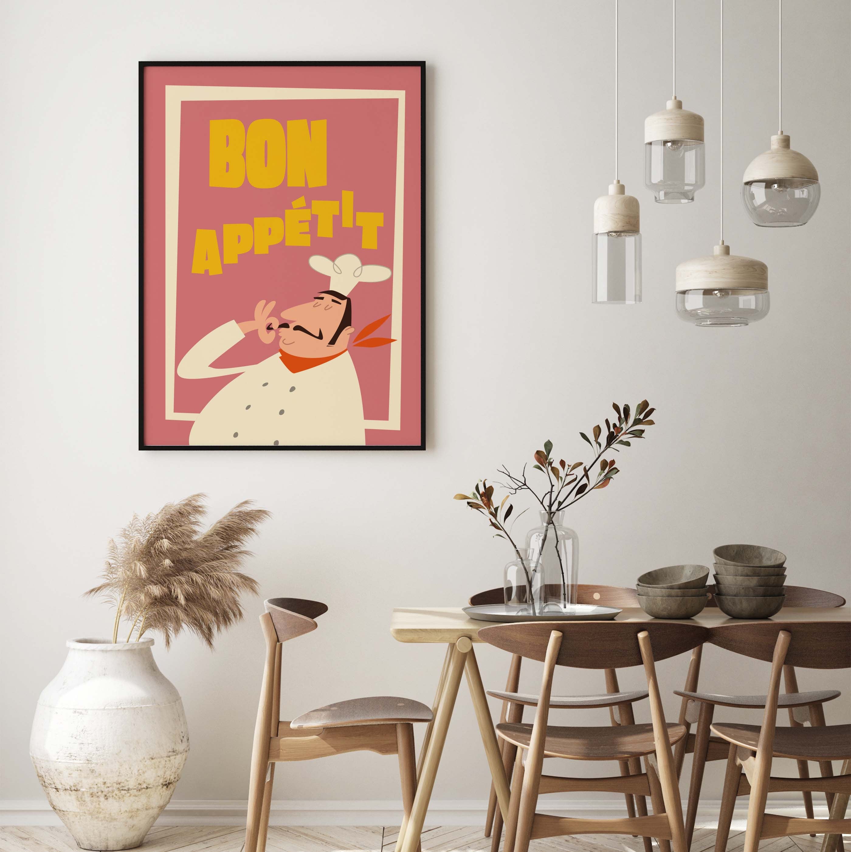 set of 2 bon appetit prints, retro cooking prints,... Bon Appetit Print, Kitchen Print, Mid Century Kitchen, Chef Kiss, Wall ...