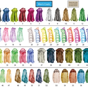 May include: A chart of 58 different coat designs in various colors. The chart is titled "Men's Coats".