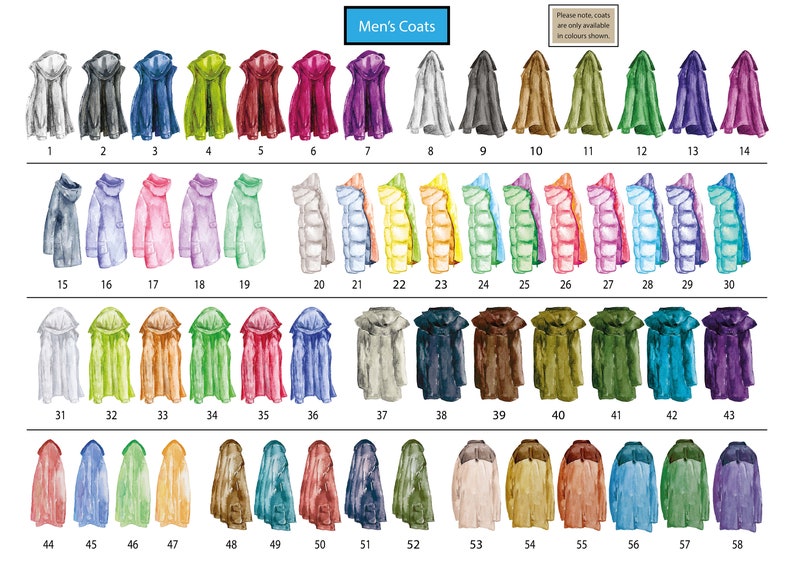 May include: A chart of 58 different coat designs in various colors. The chart is titled "Men's Coats".