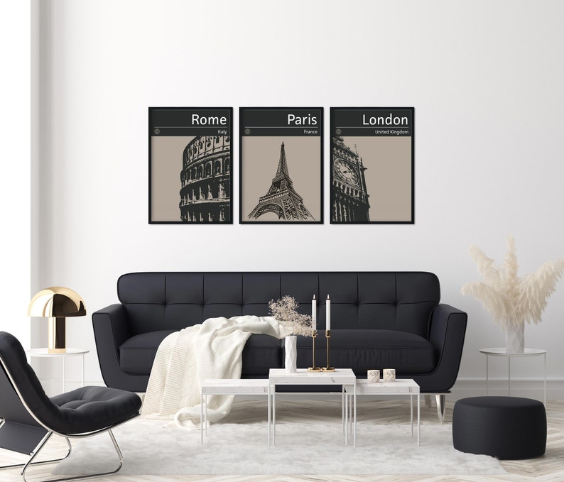 Peut inclure: Trois impressions encadr&eacute;es en noir et blanc de monuments embl&eacute;matiques. Les impressions pr&eacute;sentent le Colis&eacute;e &agrave; Rome, la tour Eiffel &agrave; Paris et Big Ben &agrave; Londres. Chaque impression porte le nom de la ville et du pays en haut.