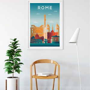 May include: A white framed poster with a blue, green, and orange cityscape illustration of Rome, Italy. The poster has the word "ROME" in white text at the top.