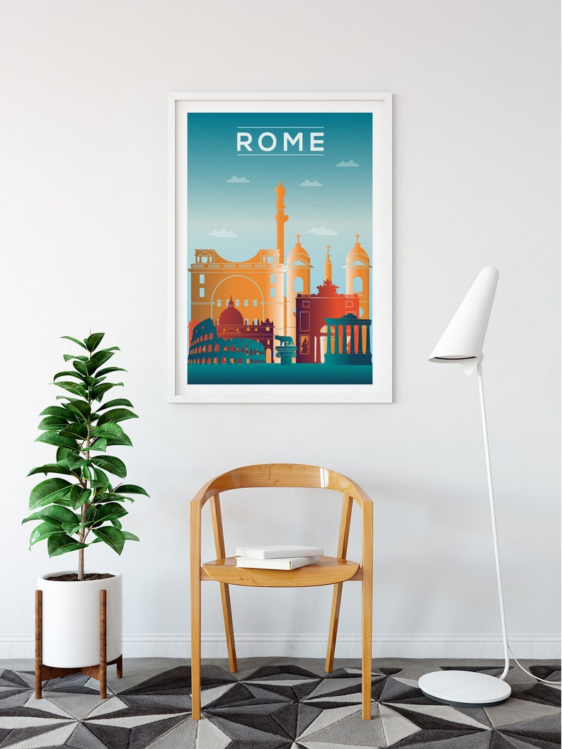May include: A white framed poster with a blue, green, and orange cityscape illustration of Rome, Italy. The poster has the word "ROME" in white text at the top.
