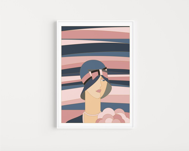 May include: Art Deco print depicting a woman in a blue cloche hat with a pink bow, a pearl necklace, and a pink and blue striped background. The artwork has a minimalist design with a vintage aesthetic, suitable for wall decor.