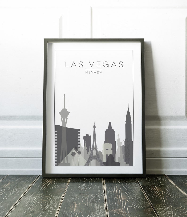 K&ouml;nnte beinhalten: Eine Schwarzwei&szlig;illustration der Skyline von Las Vegas mit dem Text "Las Vegas, Nevada" oben. Die Illustration zeigt den Stratosphere Tower, die Nachbildung des Eiffelturms und andere ber&uuml;hmte Geb&auml;ude.