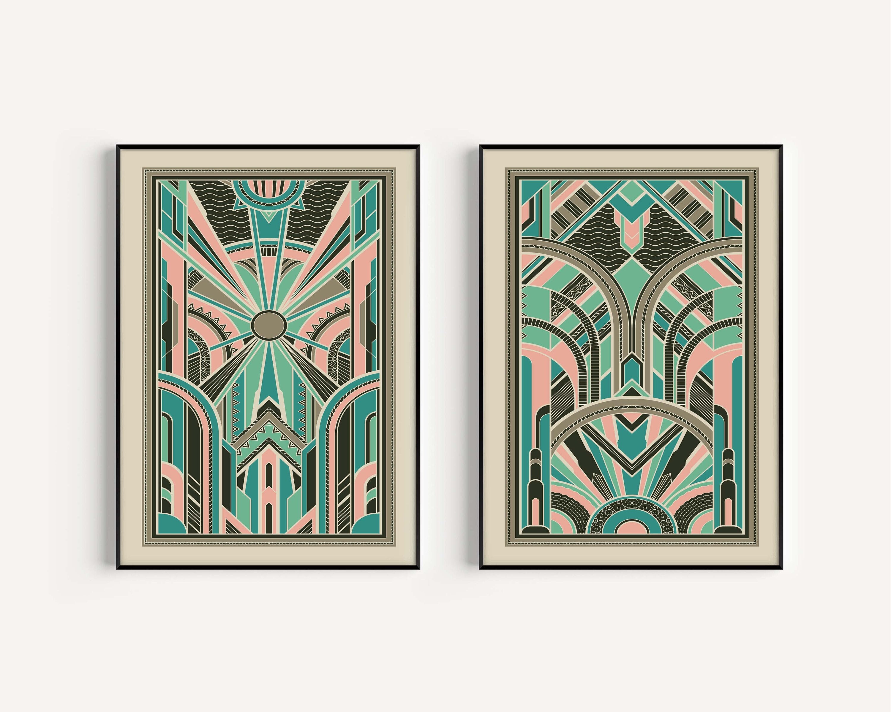 Art Deco Prints Set of Prints Pink Green Art Deco Art Deco Etsy UK