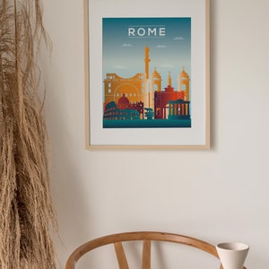 May include: A framed print with a cityscape of Rome, Italy. The print features a blue sky with white clouds, and the buildings are in shades of orange, yellow, red, and green. The text "ROME" is printed in white at the top of the print.