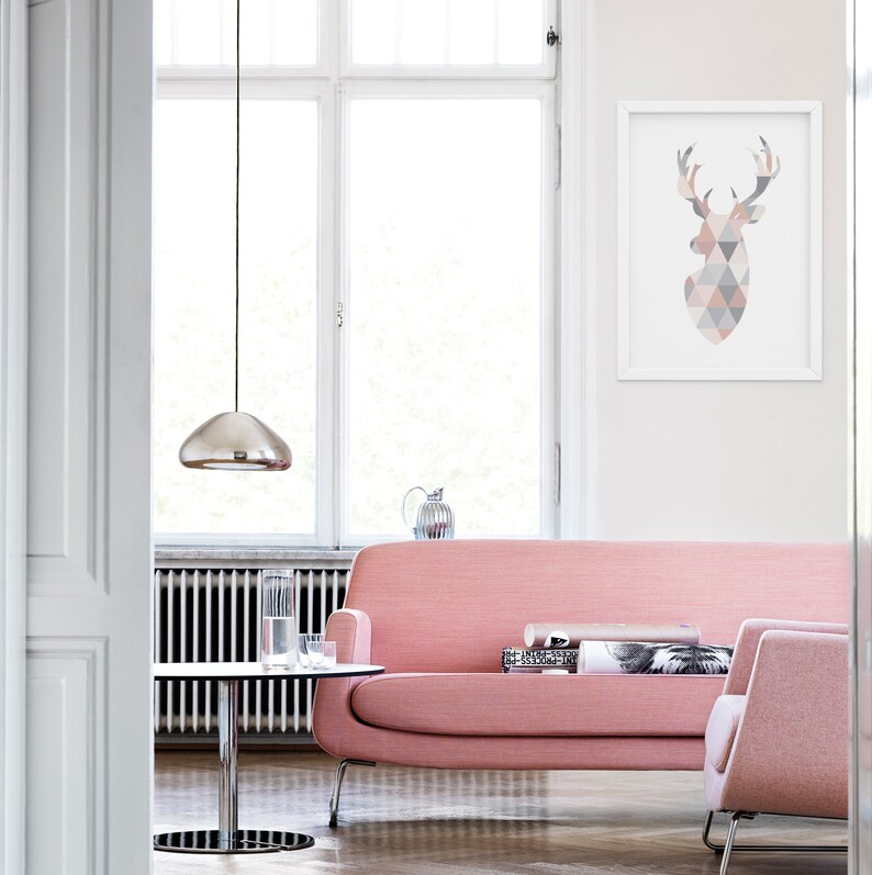 Stag Wall Art Geometric Wall Art Pink Grey Stag Print Etsy UK