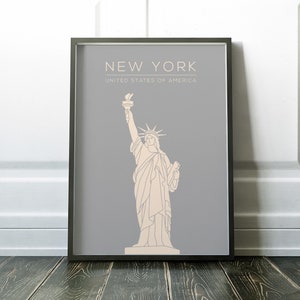 May include: A grey and white minimalist poster with a line drawing of the Statue of Liberty. The text "NEW YORK" and "UNITED STATES OF AMERICA" is printed in white.