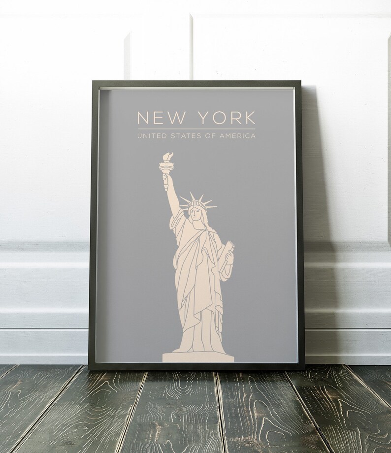 May include: A grey and white minimalist poster with a line drawing of the Statue of Liberty. The text "NEW YORK" and "UNITED STATES OF AMERICA" is printed in white.