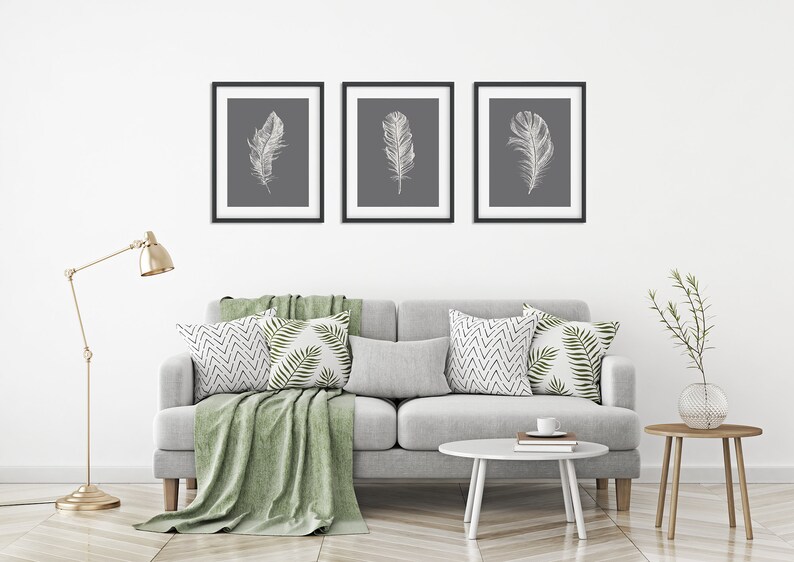 Wall Art Prints Grey Wall Art Feather Prints Set of Prints Etsy