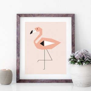 May include: A framed print of a pink flamingo with black and white geometric details. The flamingo is standing on one leg with its head turned to the side. The background is a light pink.