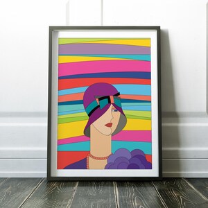 May include: Framed art print with a stylized illustration of a woman in a purple hat with a teal and black bow. The background has horizontal stripes in various colours. The woman wears a pink pearl necklace and holds a purple bouquet.