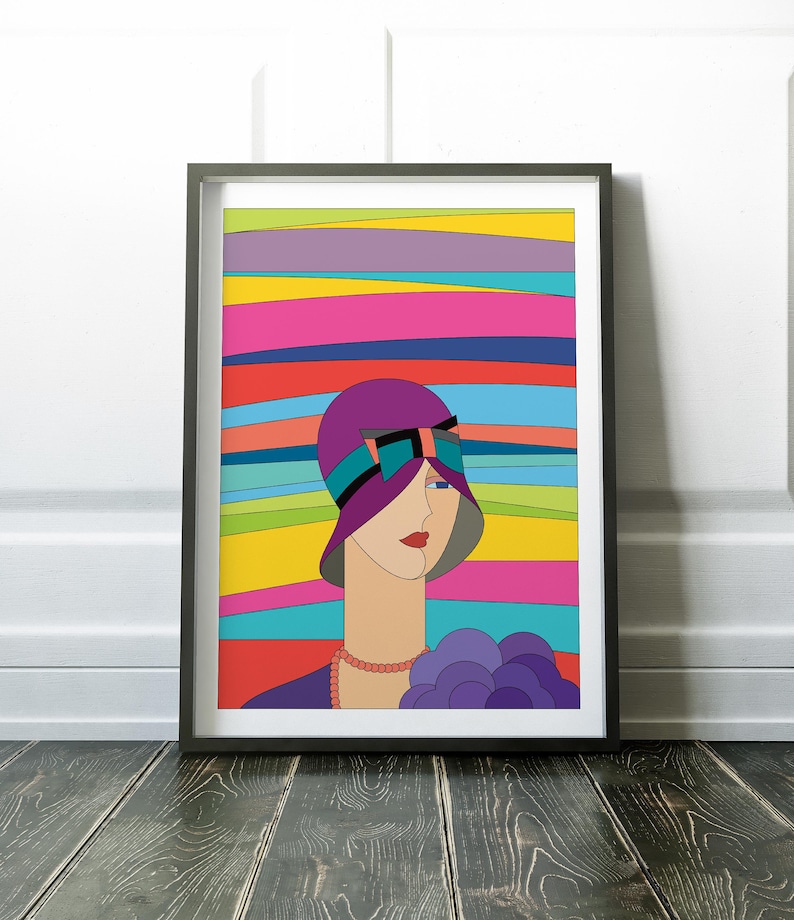 May include: Framed art print with a stylized illustration of a woman in a purple hat with a teal and black bow. The background has horizontal stripes in various colours. The woman wears a pink pearl necklace and holds a purple bouquet.