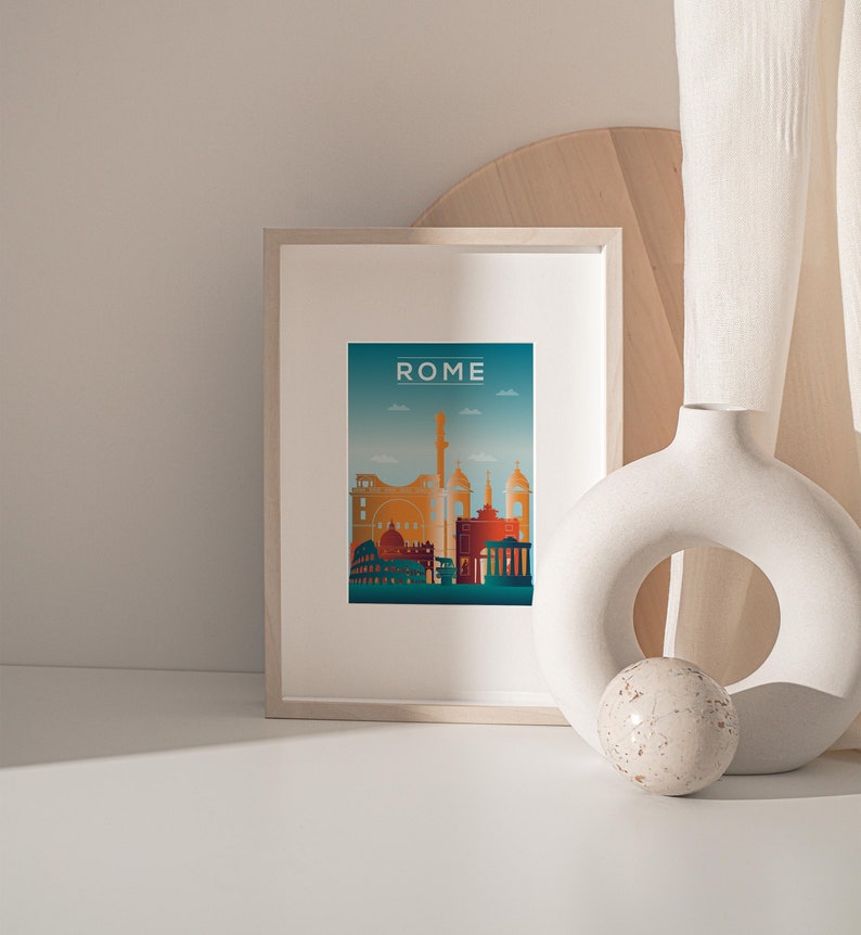 May include: A framed print of a cityscape with the word "ROME" at the top. The cityscape is a silhouette of buildings in shades of orange, red, and yellow against a blue background.