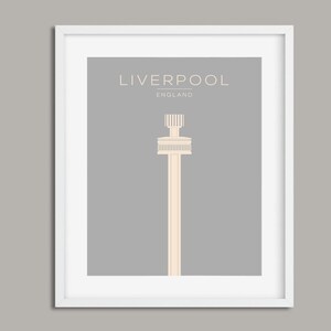 May include: A minimalist illustration of the Liver Building in Liverpool, England. The building is depicted in a light beige color against a gray background. The text "LIVERPOOL" and "ENGLAND" is displayed in a sans-serif font.