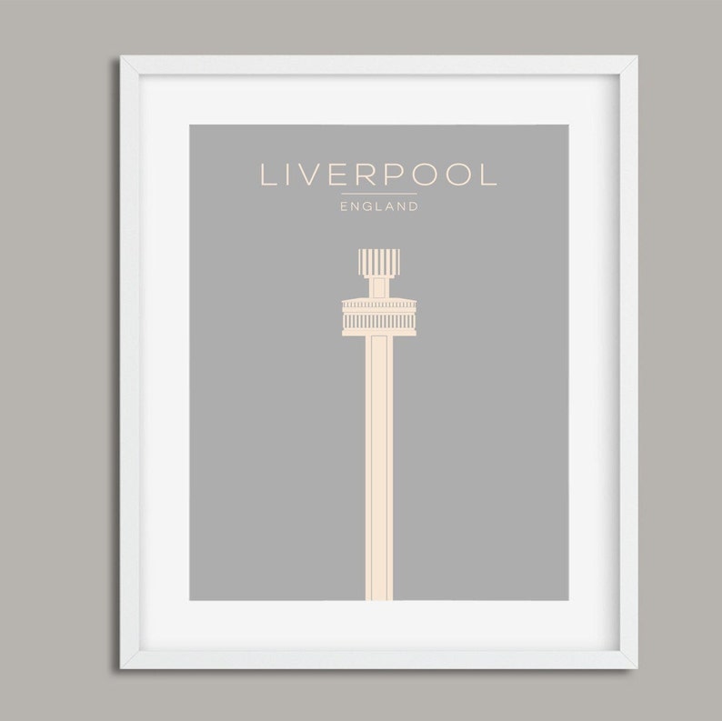 May include: A minimalist illustration of the Liver Building in Liverpool, England. The building is depicted in a light beige color against a gray background. The text "LIVERPOOL" and "ENGLAND" is displayed in a sans-serif font.