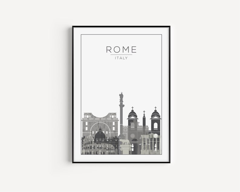 May include: Black and white illustration of the Rome skyline, featuring iconic landmarks like the Colosseum and the Pantheon. The text "ROME ITALY" is displayed at the top of the image.