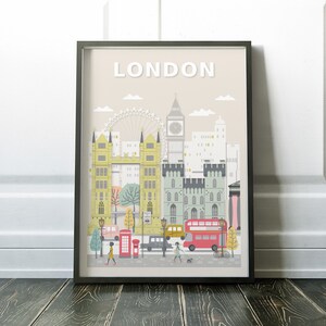 Op de afbeelding: Een kleurrijke illustratie van Londense bezienswaardigheden, waaronder Big Ben, het London Eye en Tower Bridge. De illustratie is omlijst in zwart en heeft het woord "LONDON" in witte letters bovenaan.