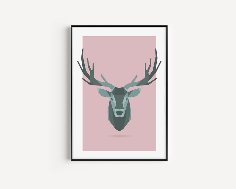 May include: A geometric illustration of a deer head with antlers in a black frame against a pink background.