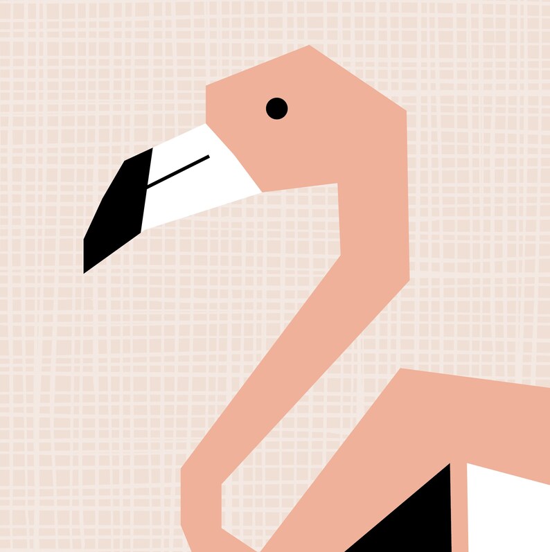 May include: A pink geometric flamingo illustration with a white beak and black eye. The flamingo is on a light pink background with a subtle grid pattern.