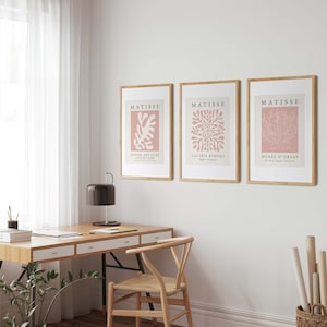 May include: Three framed art prints with pink backgrounds and white cut-out designs. The prints are titled "Matisse" and feature the text "Papier Decoupe Collection", "Galerie Boheme", and "Musee D'Orsay".