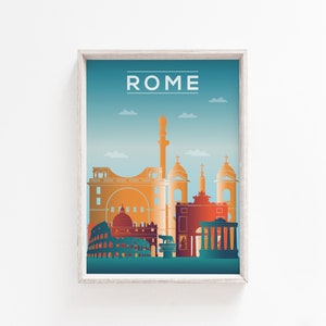 May include: A colorful illustration of the Rome skyline, featuring the Colosseum, the Pantheon, and other iconic landmarks. The text "ROME" is displayed at the top of the image.