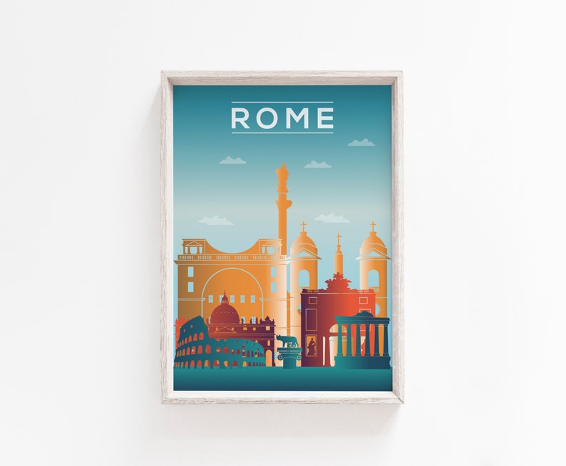 May include: A colorful illustration of the Rome skyline, featuring the Colosseum, the Pantheon, and other iconic landmarks. The text "ROME" is displayed at the top of the image.