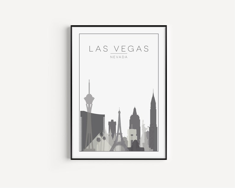 K&ouml;nnte beinhalten: Eine Schwarzwei&szlig;illustration der Skyline von Las Vegas mit dem ikonischen Stratosphere Tower, der Nachbildung des Eiffelturms und anderen Geb&auml;uden. Der Text "LAS VEGAS" und "NEVADA" ist oben im Bild in Grau gedruckt.