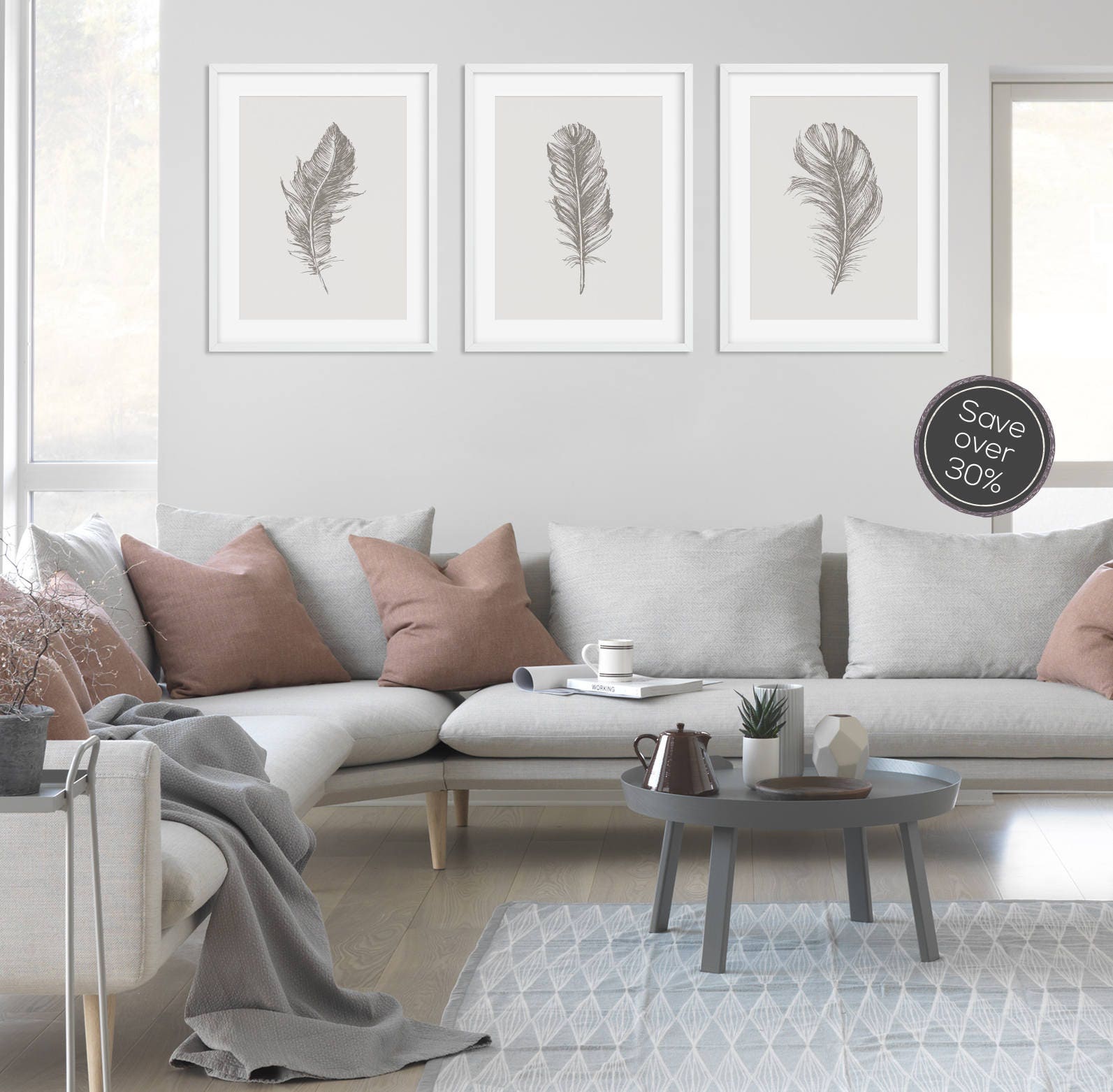 Feather Prints Set of Prints Grey Wall Art Grey Prints | Etsy UK