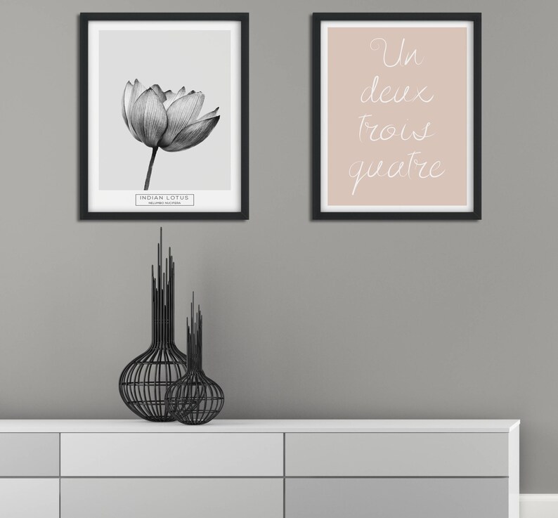 Puede incluir: Dos impresiones enmarcadas en una pared gris. La impresi&oacute;n de la izquierda es una ilustraci&oacute;n en blanco y negro de un loto indio. La impresi&oacute;n de la derecha es un fondo rosa claro con las palabras francesas "Un deux trois quatre" escritas en cursiva blanca.