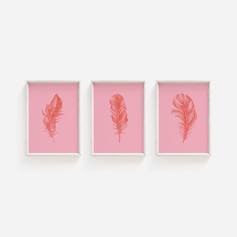Set of Prints Pink Art Prints Pink Print Set Feather Etsy UK