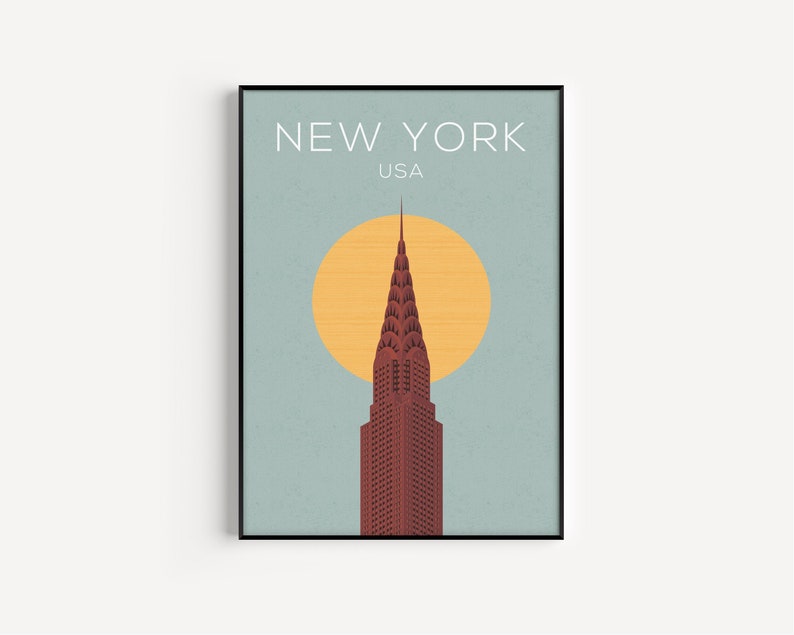 May include: A minimalist poster with a stylized illustration of the Chrysler Building in New York City, USA. The building is depicted in red against a light blue background with a yellow sun.