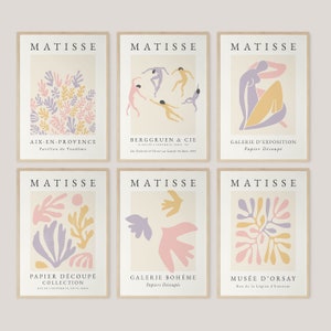 May include: Six minimalist posters featuring artwork by Henri Matisse. Each poster features a different piece of art, including dancers, a seated figure, and abstract shapes. The posters are all in a similar style, with a white background and black text.