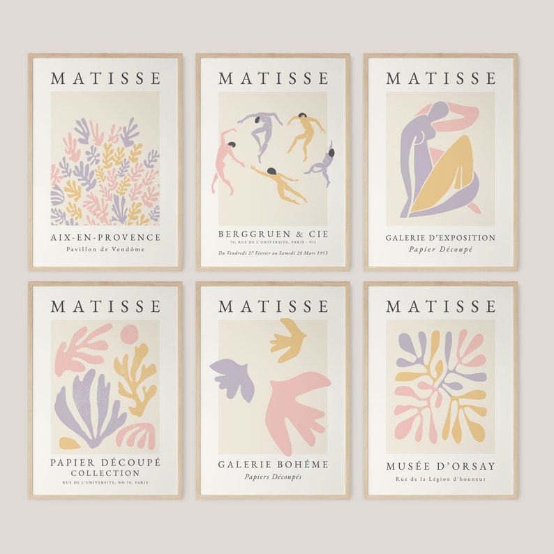 May include: Six minimalist posters featuring artwork by Henri Matisse. Each poster features a different piece of art, including dancers, a seated figure, and abstract shapes. The posters are all in a similar style, with a white background and black text.