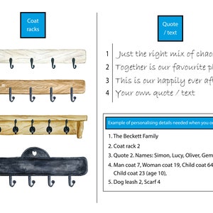 May include: Four different styles of wooden coat racks with black metal hooks. The racks are labeled A, B, C, and D. The image also includes text that says "Just the right mix of chaos and love", "Together is our favorite place to be", "This is our happily ever after", and "Your own quote/text".