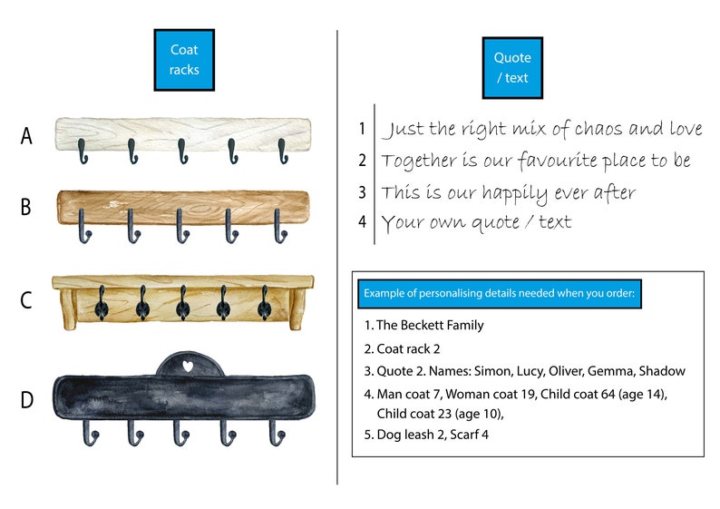 May include: Four different styles of wooden coat racks with black metal hooks. The racks are labeled A, B, C, and D. The image also includes text that says "Just the right mix of chaos and love", "Together is our favorite place to be", "This is our happily ever after", and "Your own quote/text".